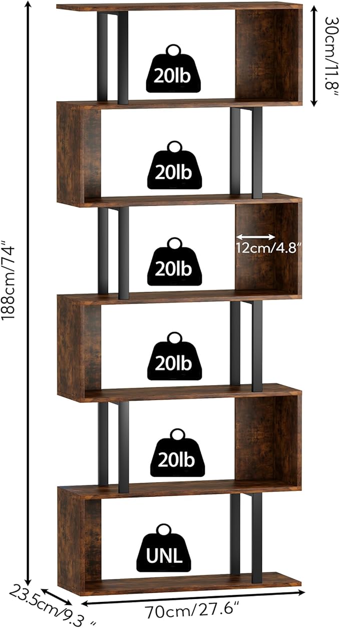 Yusong Geometric Bookcase, S Shaped Bookshelf 6-Tier Book Shelves - Image 3