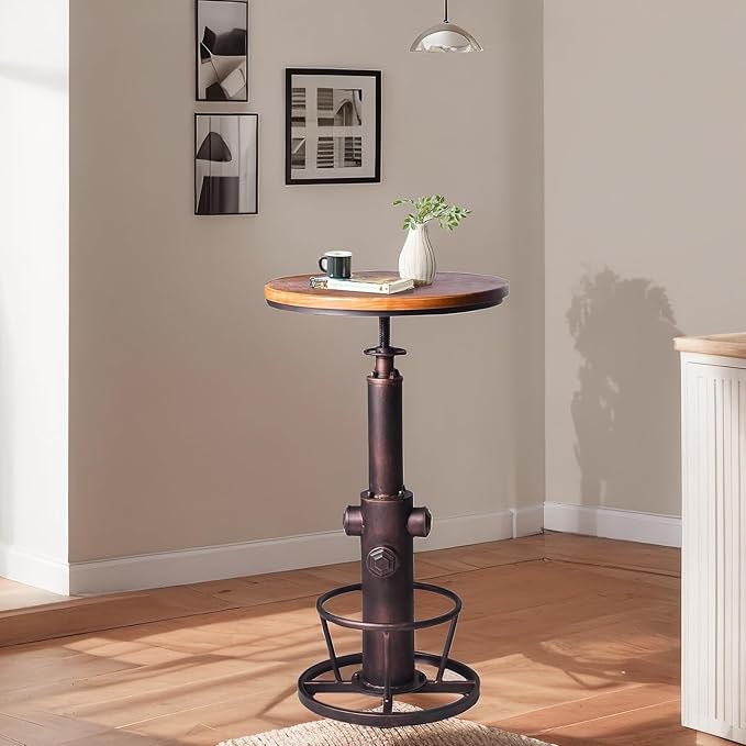 Industrial Bar Table Swivel Round Wooden Top Height Adjustable 38.6-44.4inch - Image 6