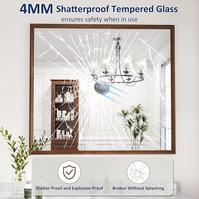 WEER Walnut Bathroom Mirror, Walnut Framed Mirror 40X36 Inch, Rectangle Wall - Image 2