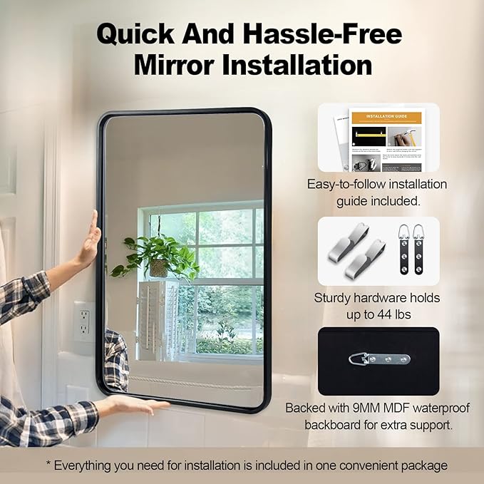 ANDY STAR Matte Black Mirror for Bathroom, 20x28 Inch Rounded Rectangle Mirror - Image 6