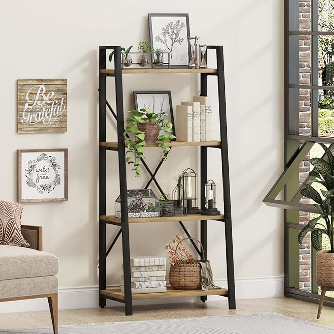 BON AUGURE Farmhouse Ladder Shelf Bookcase, 4 Tier Rustic Ladder Bookshelf - Image 2