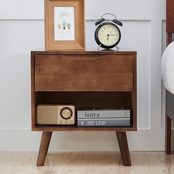 Uniclinens Nightstand with Drawer and Opening Storage, Modern Solid Rubberwood by Uniclinens