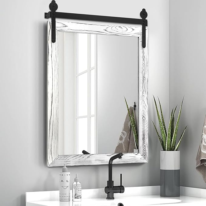 YOSHOOT Farmhouse Barn Door Mirror, Wooden Farmhouse Style - Image 4