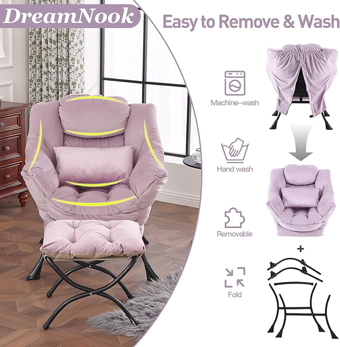 Lazy Chair with Ottoman, Modern Accent Chair with Lumbar Pillow, Comfy Chairs - Image 8