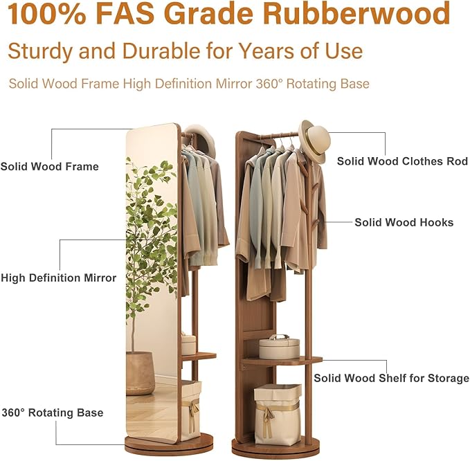 70"x16"Full Length Mirror with Stand, Coat Rack with Mirror, Solid Wood Floor - Image 5