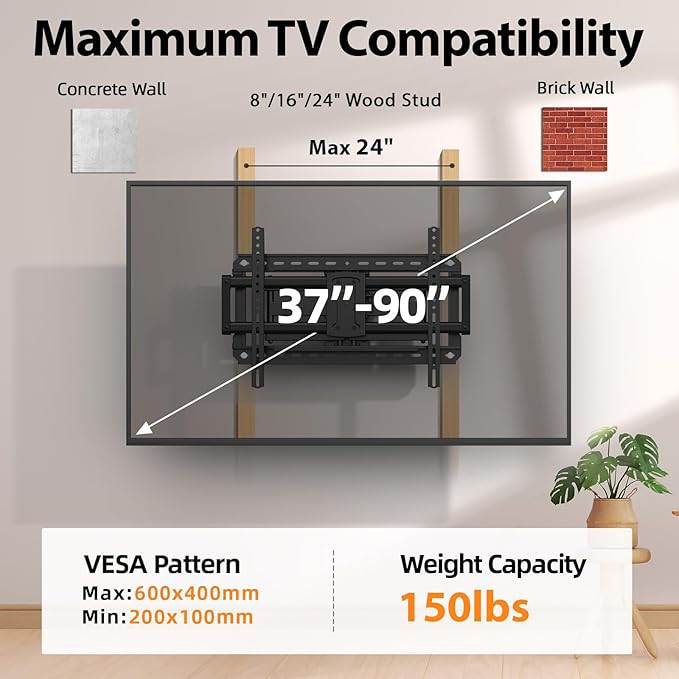 Full Motion 75 85 86 90'' TV Wall Mount Bracket, Loads 150 lbs Heavy Duty TV - Image 5