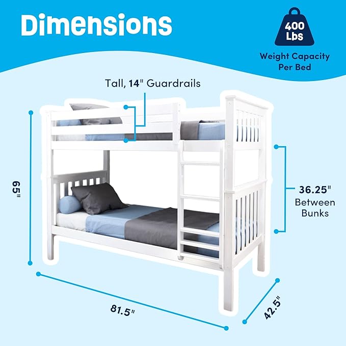 Max & Lily Bunk Bed Twin over Twin, Solid Wood Bunk Bed Frame - Image 2