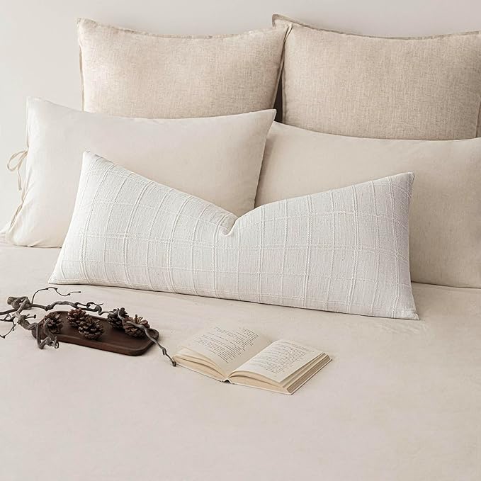 Foindtower Set of 2 Decorative Linen Check Throw Pillow Covers Neutral Long - Image 6