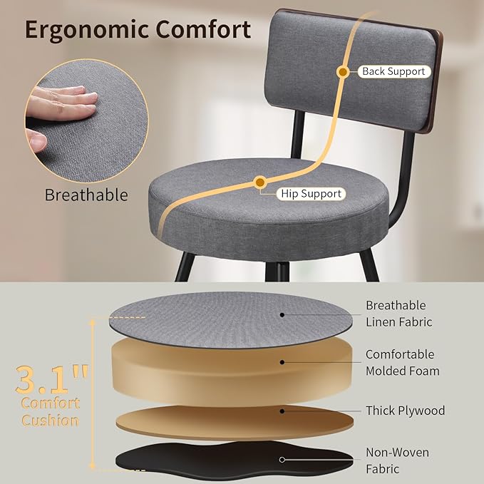 Counter Height Bar Stools, Round Swivel Bar Chair, Fabric Upholstered Barstools - Image 6