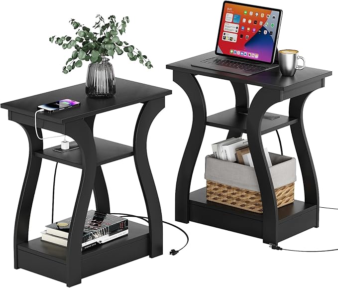 Black End Table Set of 2 with Charging Station, Side Table with USB Ports and by FROMJBEST