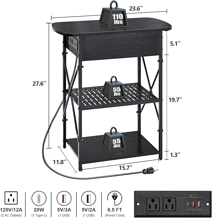 Narrow End Table with Charging Station, Side Table with 3 USB Ports and 2 AC - Image 3