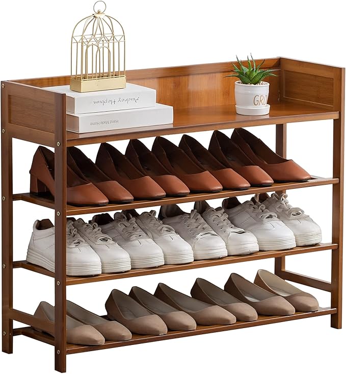4 Tier Shoe Rack Organizer, 4 Tire Bamboo Stackable Shoe Shelf Storage Organizer by SOBIBO