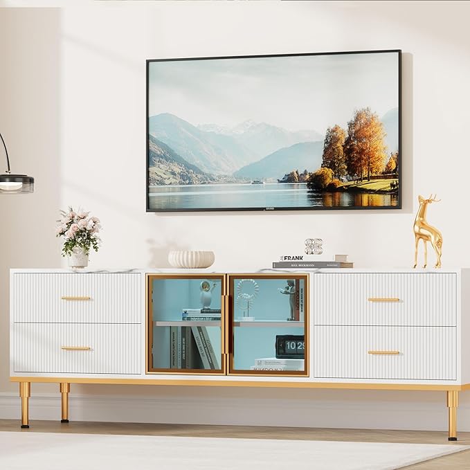66" Fluted TV Stand with LED Light, Modern Entertainment Center - Image 2