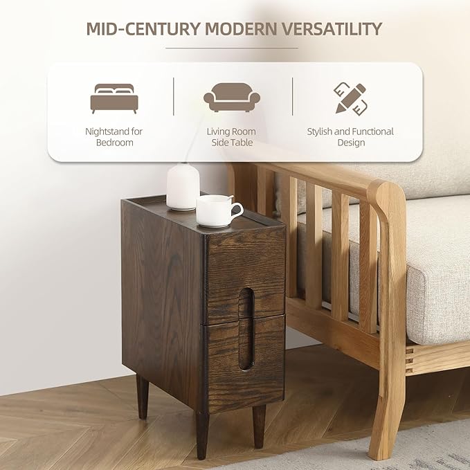 Solid Wood Bedside Table Nightstands, Slim Narrow Oak Real Wooden Mid-Century - Image 4