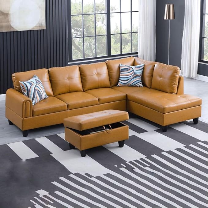 Ginger L-Shaped 3-Piece Faux Leather Sofa by Unknown