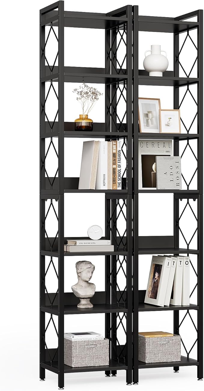 LITTLE TREE Book Shelf Set of 2, 7-Tier Tall Bookcase, Wooden Display Shelves by LITTLETREE