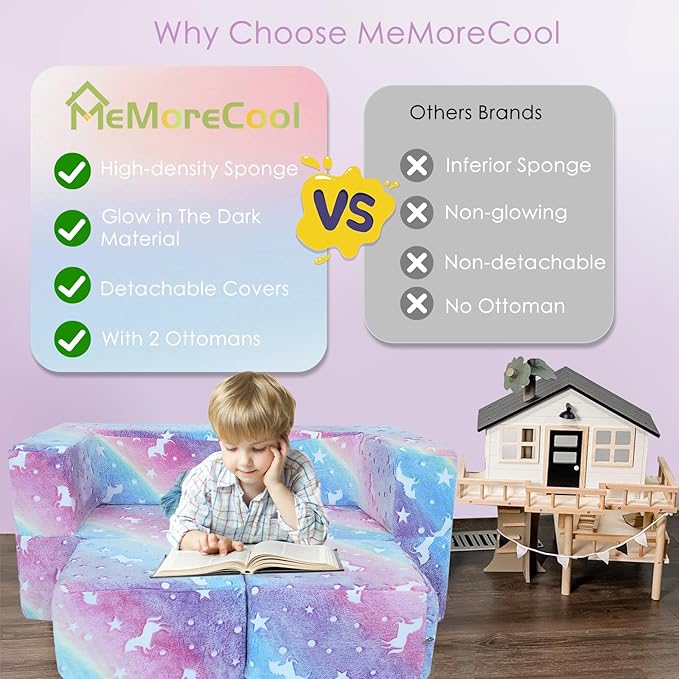 MeMoreCool Glow in The Dark Kids Couch, Rainbow Fold Out Toddler Sofa, Modular - Image 3