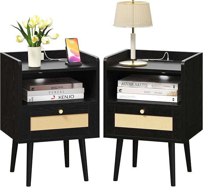 Nightstand Rattan with Charging Station, Mid Century Modern Bed Side Table by MECHYIN