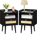 Nightstand Rattan with Charging Station, Mid Century Modern Bed Side Table by MECHYIN