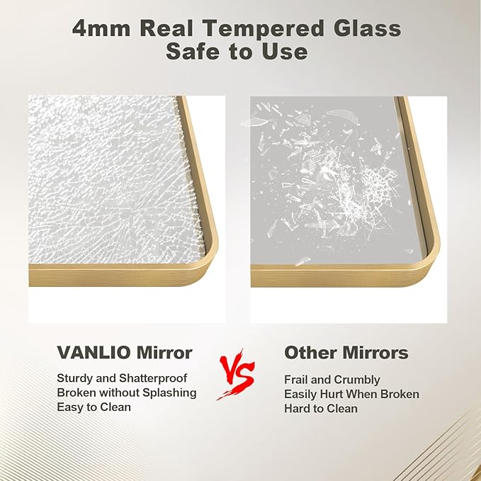 60x36 Inch Gold Framed Bathroom Mirror, Rectangle Brushed Gold Metal Vanity - Image 4
