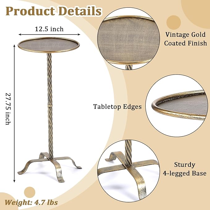 Metal Martini Table, 27.75" Antique Gold Side Table - Image 3