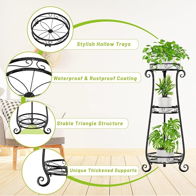 KMOTASUO 3 Tier Metal Plant Stand Indoor, 34 Inch Tall Corner Plant Stands - Image 4