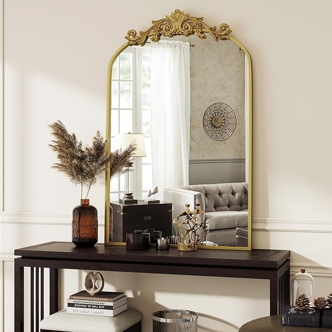 Vintage Arched Wall Mirror, 26x38 inch Retro Arch Bathroom Mirror, Carve - Image 5
