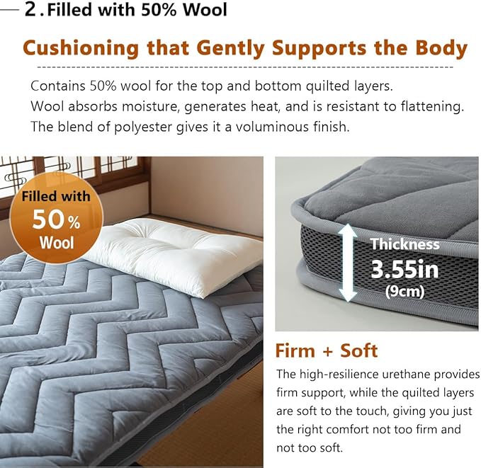 EMOOR Japanese Wool-Blend Padded Futon Mattress GOMA Queen Dark Gray, Gusset - Image 4
