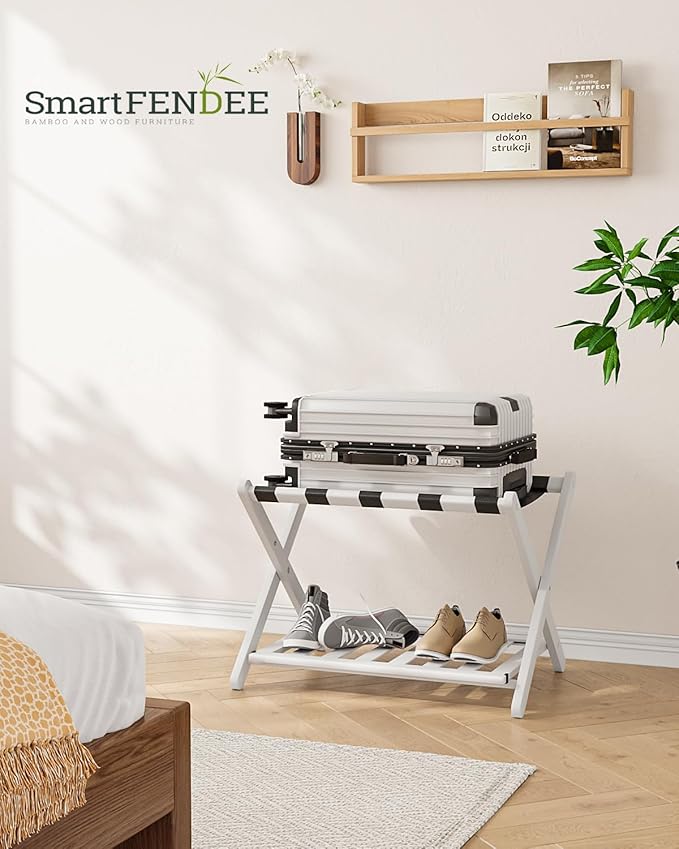 Fully Assembled White Bamboo Luggage Rack, 5 Straps Folding Suitcase Stand - Image 6