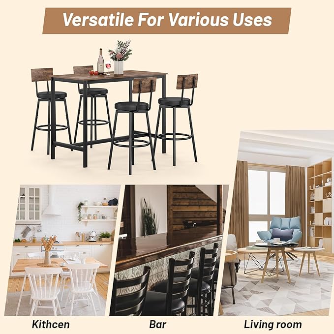Dining Table Set for 4, 5-Piece Bar Table Set, Kitchen Table and Chairs - Image 6