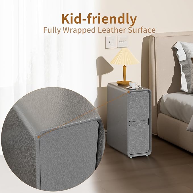 VICITON Modern Narrow Faux Leather Nightstand, Solid Wood Drawer, Storage - Image 4