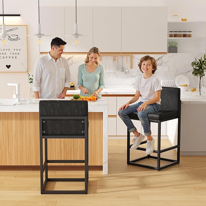 Barstools Set of 2 Black Metal Bar Stools Modern Bar Chairs Pu Leather - Image 3