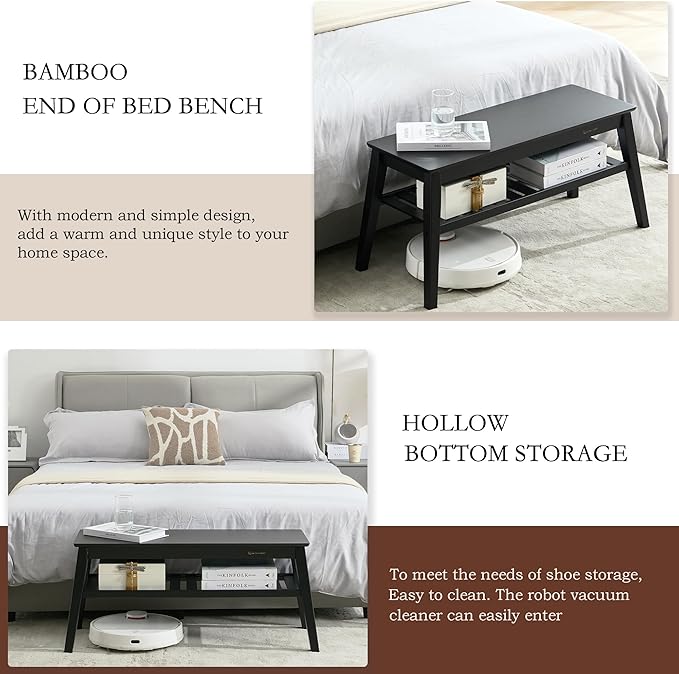 Nnewvante Bamboo Entryway Bench, 33.46" End of Bed Bench, 2 Tier Black Bench - Image 4