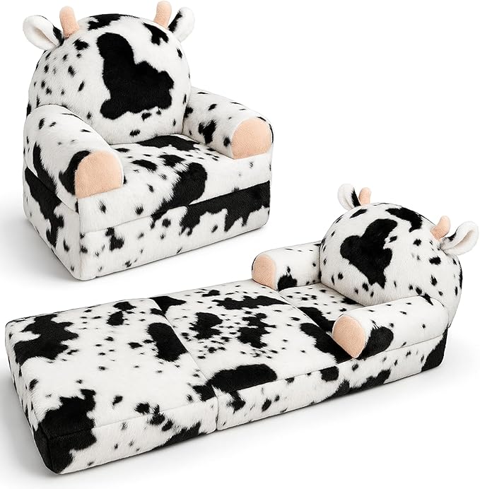 Toddler Chair with Faux Rabbit Fur – 2-in-1 Foldable Kids Couch, Soft Sofa by QIUODO