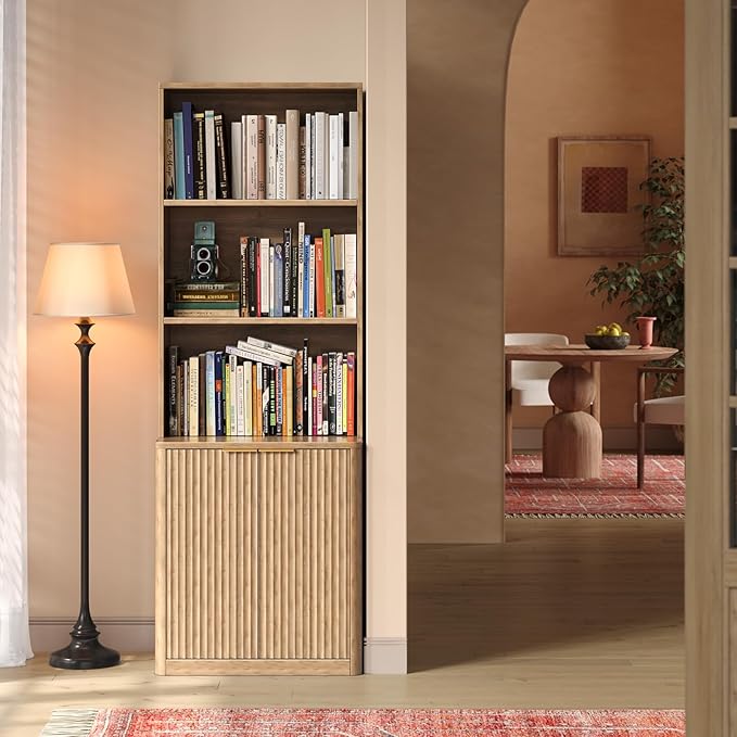71" Oak Bookcase with Doors, 5-Tier Fluted Tall Bookshelf with Storage - Image 3