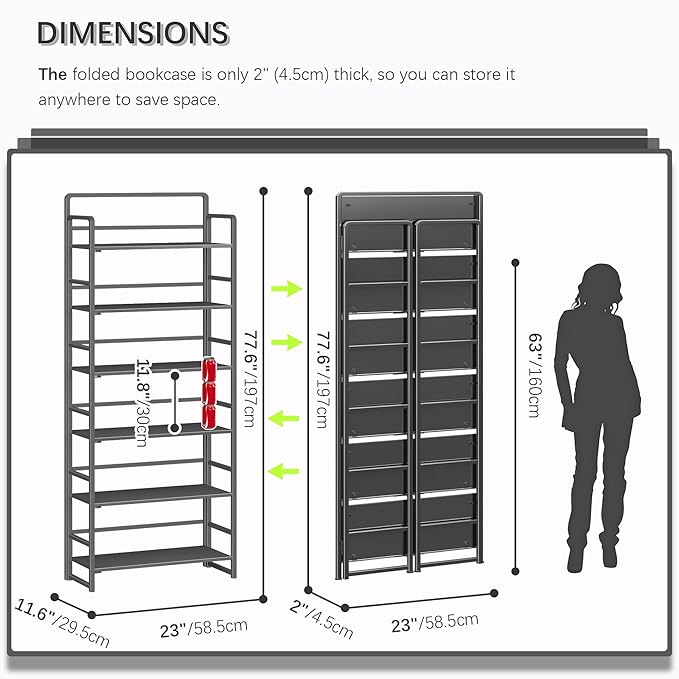 4NM No-Assembly 6 Tiers Folding Bookshelf Storage Shelves Vintage Bookcase - Image 3