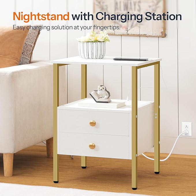 HOOBRO End Table with Charging Station, Bedside Table with 2 Drawer & USB Port - Image 3