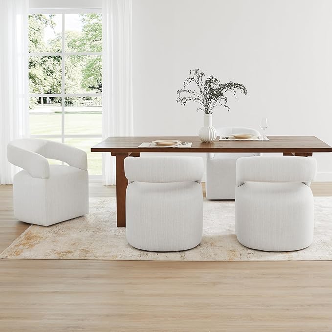 Upholstered Dining Chairs with Casters Modern Barrel Side Armchair with Rollers - Image 2