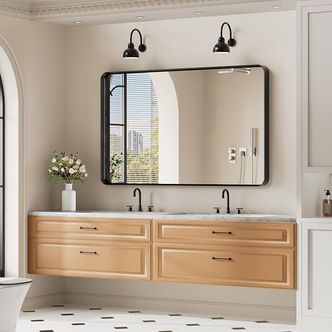 Koonmi Black Wall Mirror for Bathroom, 30x48 Inch Matte Deep Framed Rounded - Image 7