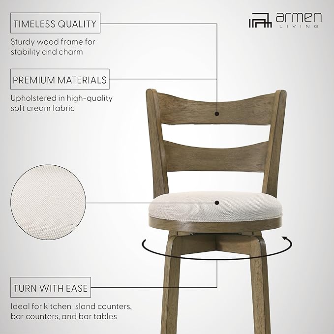 Armen Living Blair 30 in. Putty Brown Bar Height Rubberwood Swivel Barstool - Image 10