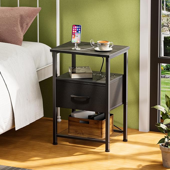 Nightstands Set of 2 with Charging Station and Drawer, End Table Bedside Table - Image 9