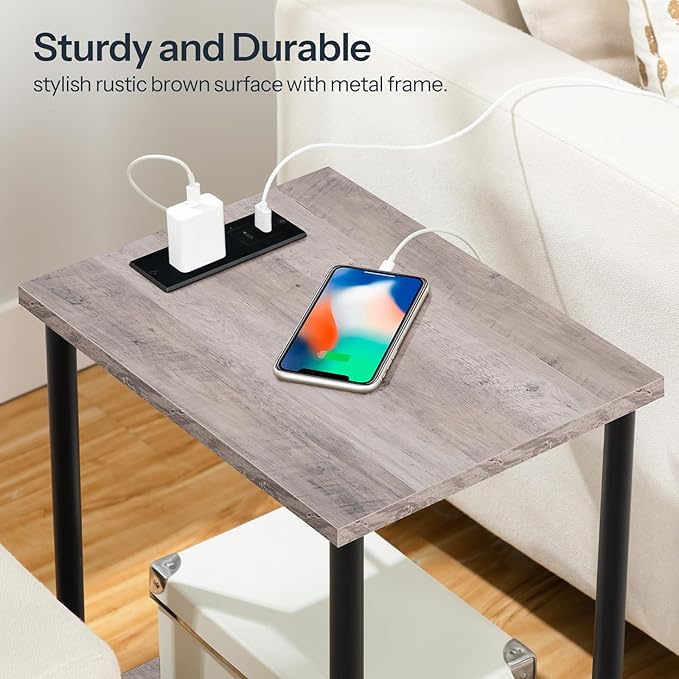 HOOBRO Side Table with Charging Station, Nightstand with 2-Layer Storage Shelves - Image 8