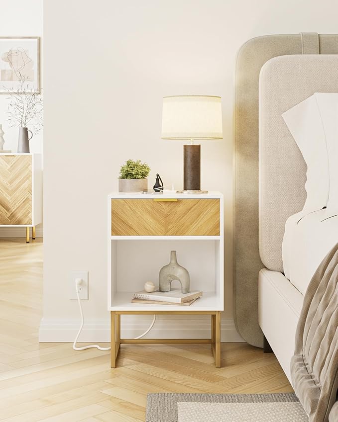 Nightstand with Charging Station, Boho Night Stand Wood Farmhouse Bedside Table - Image 5