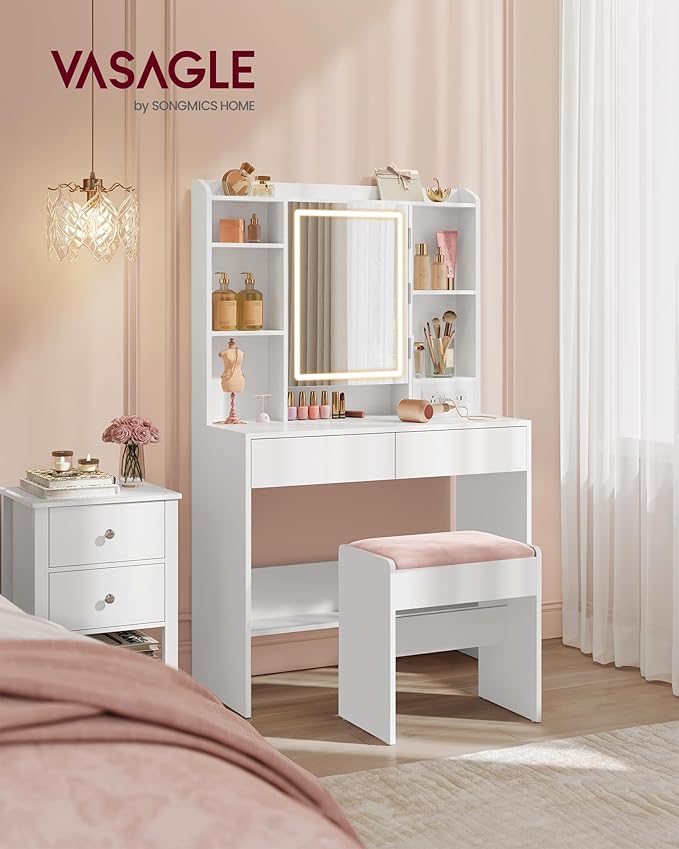 VASAGLE Vanity Desk with Power Outlets, Makeup Vanity with Mirror and Lights - Image 2