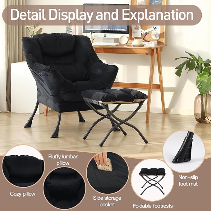 Lazy Chair with Ottoman, Modern Accent Chair with Lumbar Pillow, Comfy Chairs - Image 7