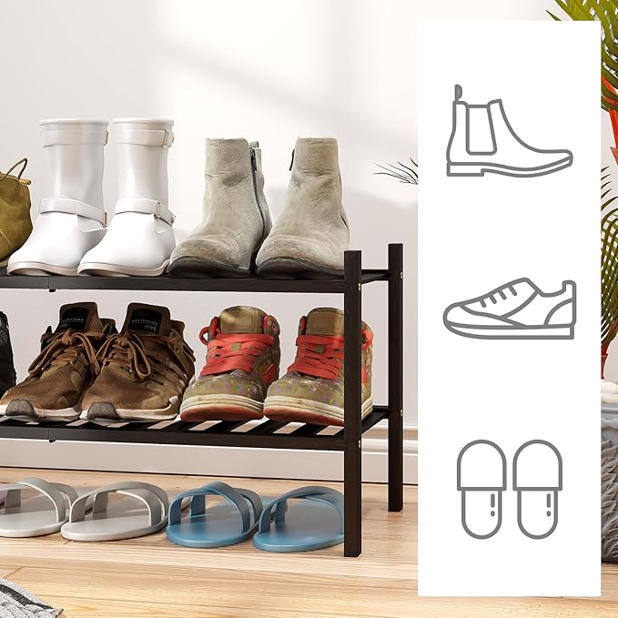 2-Tier Black Bamboo Shoe Rack for Entryway, Stackable | Foldable | Natural - Image 4