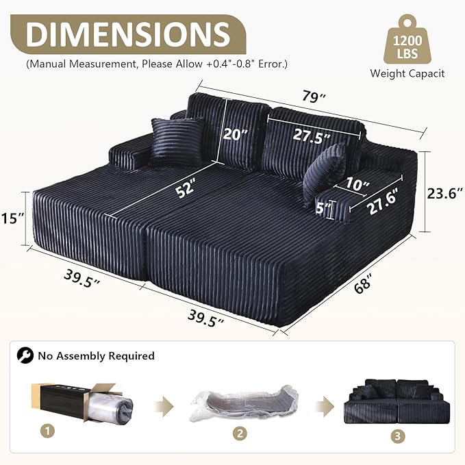 Oversized 79” Double Chaise Lounge Sofa Bed, Deep Seat Corduroy Cloud Loveseat - Image 2
