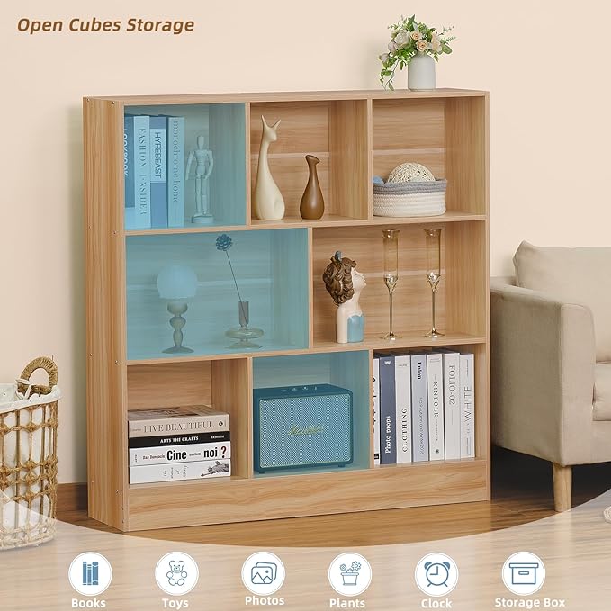 LEYAOYAO 8 Cube Bookshelf with Base, 3 Tier Mid-Century Modern Natural Bookcase - Image 3