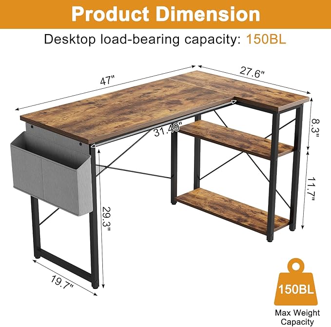 L Shaped Computer Desk with Reversible Shelves, 47 Inch Small Corner Desk with - Image 3