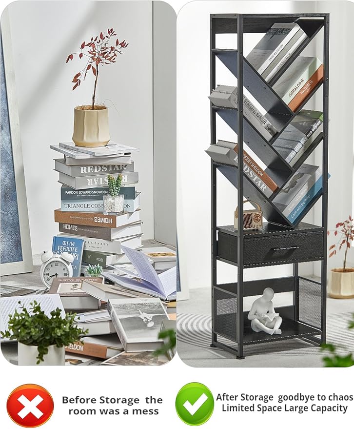 Bookshelf with Drawer, 10 Tier Tree Bookcase Retro Floor Standing Bookshelves - Image 6